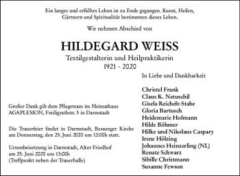 Traueranzeige von Hildegard Weiss von vrm-trauer