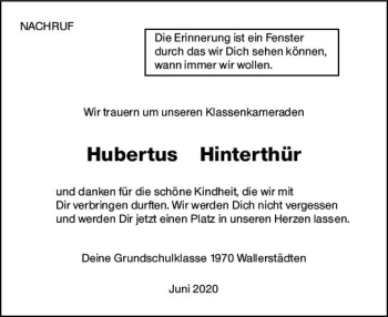 Traueranzeige von Hubertus Hinterthür von vrm-trauer