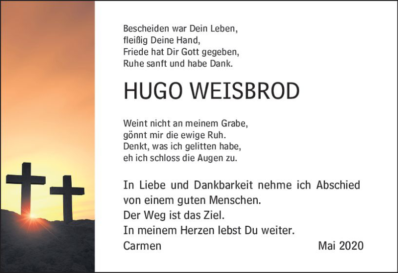  Traueranzeige für Hugo Weisbrod vom 06.06.2020 aus vrm-trauer
