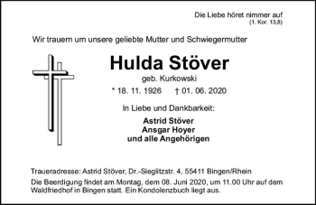 Traueranzeige von Hulda Stöver von vrm-trauer