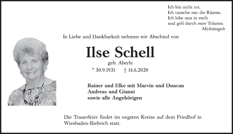  Traueranzeige für Ilse Schell vom 27.06.2020 aus vrm-trauer
