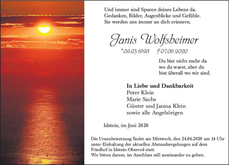  Traueranzeige für Janis Wolfsheimer vom 18.06.2020 aus vrm-trauer