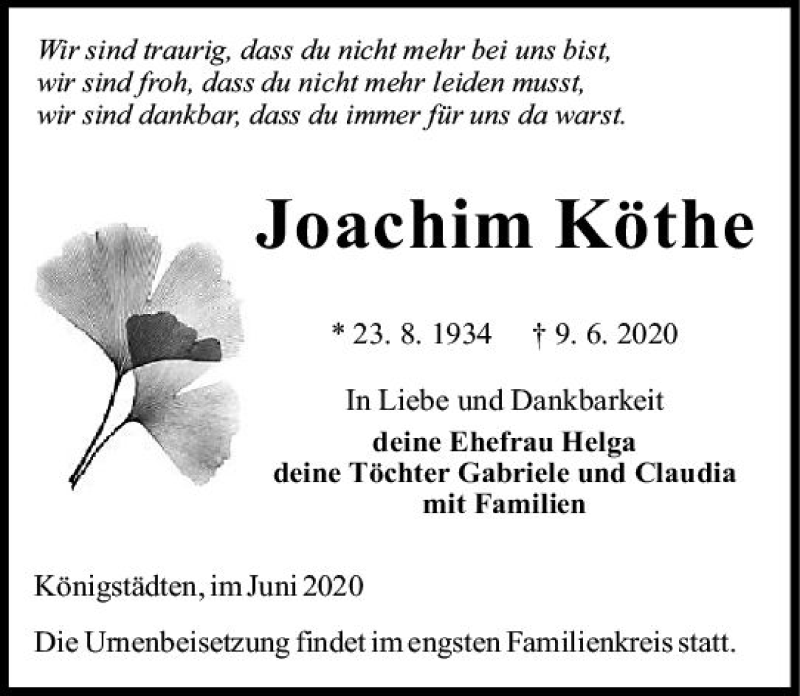  Traueranzeige für Joachim Käthe vom 20.06.2020 aus vrm-trauer