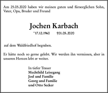 Traueranzeige von Jochen Karbach von vrm-trauer