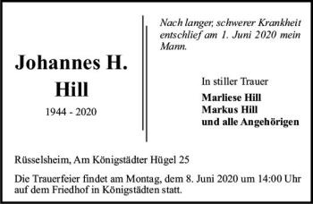 Traueranzeige von Johannes H. Hill von vrm-trauer