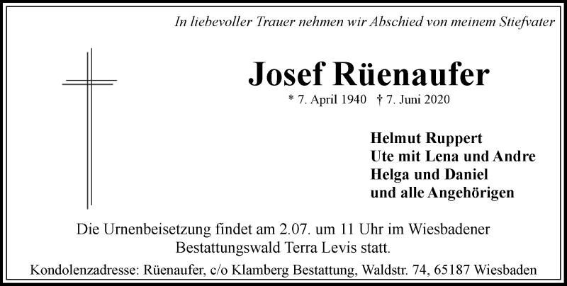  Traueranzeige für Josef Rüenaufer vom 27.06.2020 aus vrm-trauer