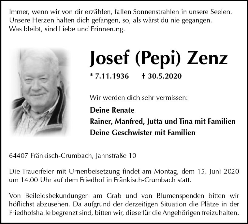  Traueranzeige für Josef Zenz vom 10.06.2020 aus vrm-trauer