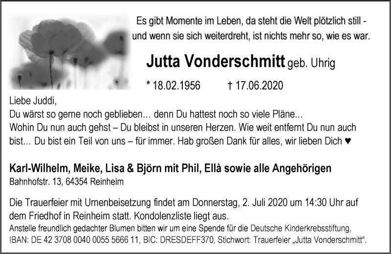  Traueranzeige für Jutta Vonderschmitt vom 27.06.2020 aus vrm-trauer