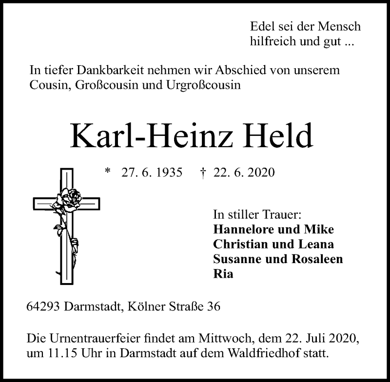 Traueranzeige für Karl-Heinz Held vom 27.06.2020 aus vrm-trauer