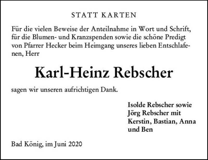  Traueranzeige für Karl-Heinz Rebscher vom 24.06.2020 aus vrm-trauer