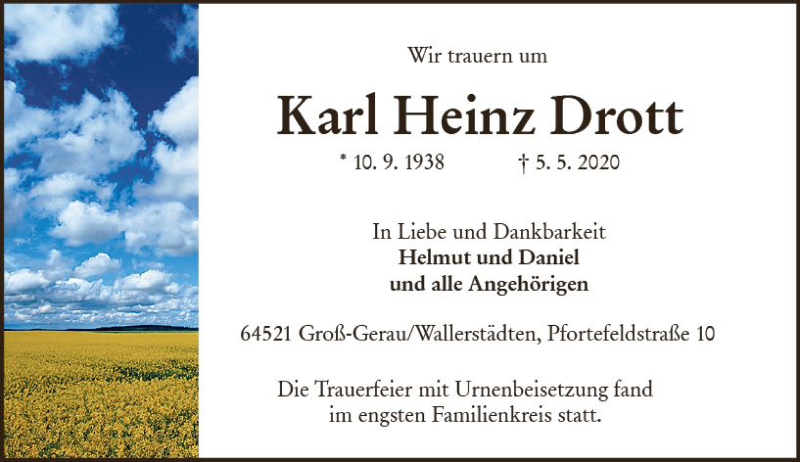  Traueranzeige für Karl Heinz Drott vom 06.06.2020 aus vrm-trauer