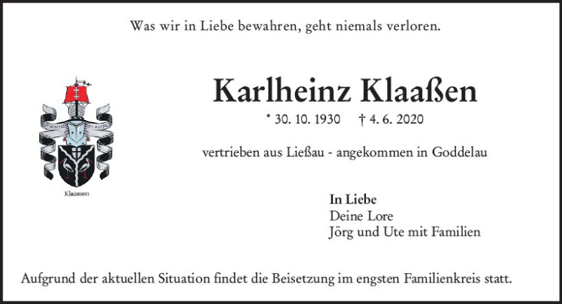  Traueranzeige für Karlheinz Klaaßen vom 13.06.2020 aus vrm-trauer