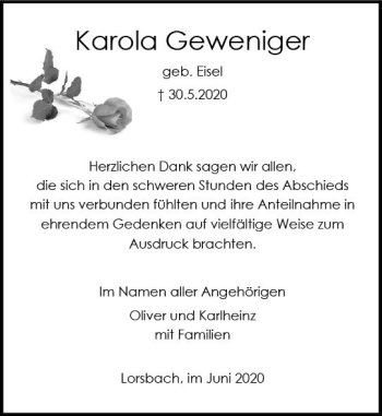 Traueranzeige von Karola Geweniger von vrm-trauer