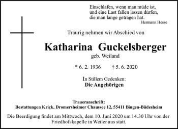 Traueranzeige von Katharina Guckelsberger von vrm-trauer
