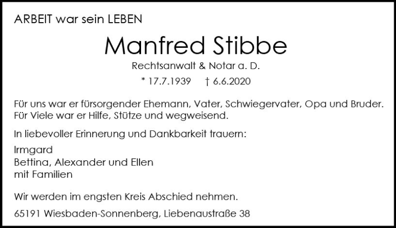  Traueranzeige für Manfred Stibbe vom 13.06.2020 aus vrm-trauer