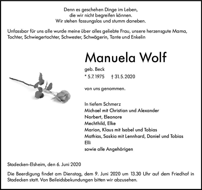  Traueranzeige für Manuela Wolf vom 06.06.2020 aus vrm-trauer