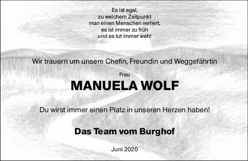  Traueranzeige für Manuela Wolf vom 06.06.2020 aus vrm-trauer