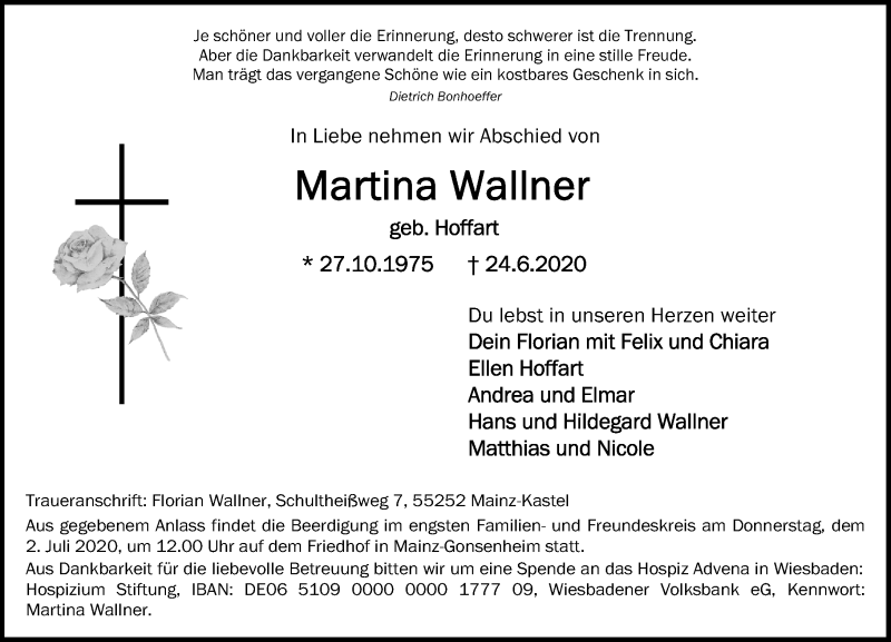  Traueranzeige für Martina Wallner vom 27.06.2020 aus vrm-trauer