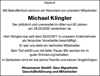 Traueranzeige von Michael Klingler von vrm-trauer