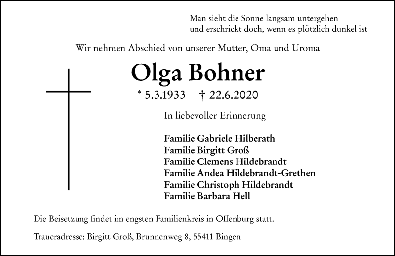  Traueranzeige für Olga Bohner vom 27.06.2020 aus vrm-trauer