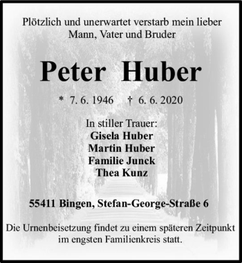 Traueranzeige von Peter Hube von vrm-trauer