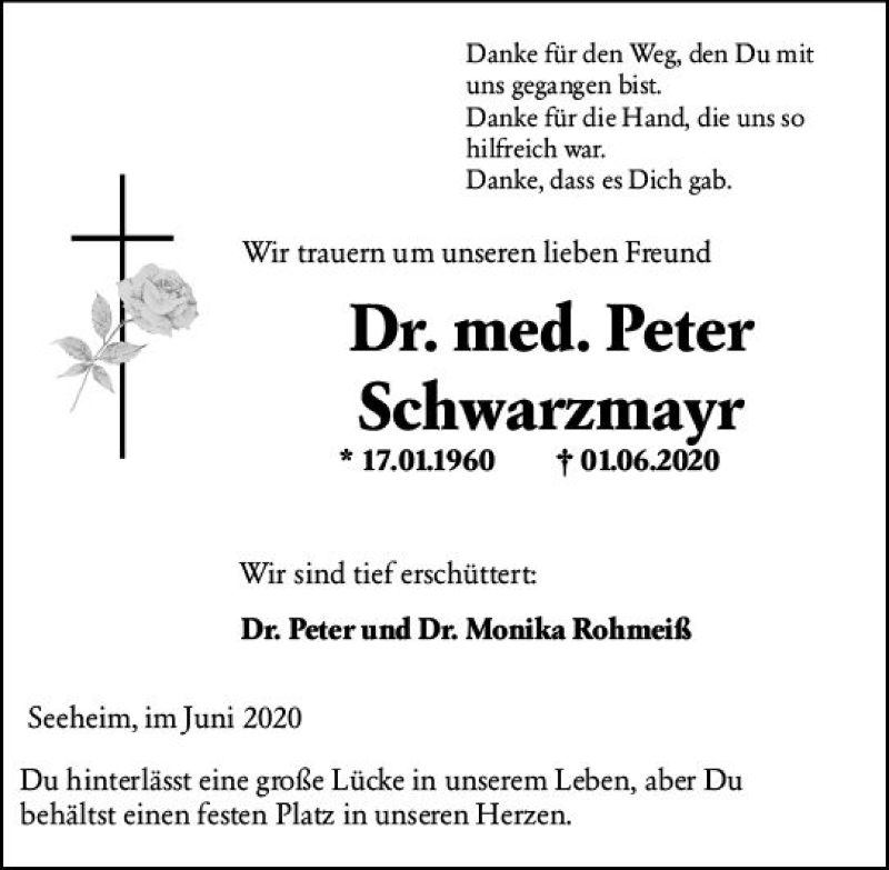  Traueranzeige für Peter Schwarzmayr vom 06.06.2020 aus vrm-trauer