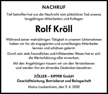 Traueranzeige von Rolf Kröll von vrm-trauer