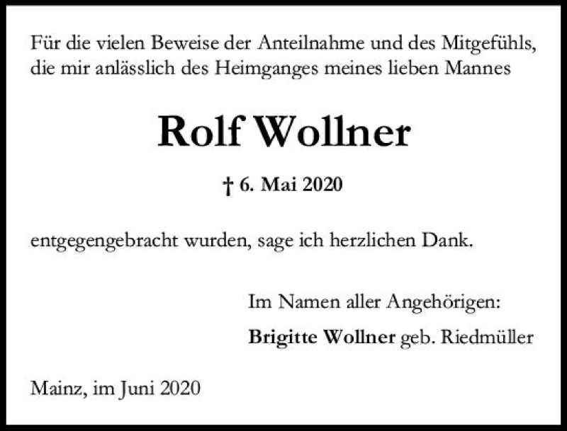  Traueranzeige für Rolf Wollner vom 13.06.2020 aus vrm-trauer