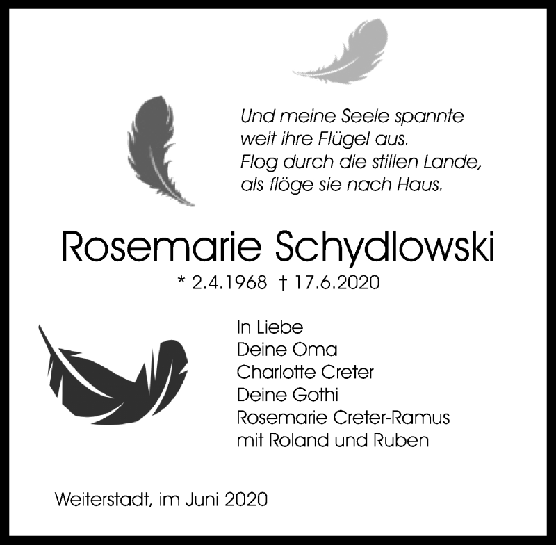  Traueranzeige für Rosemarie Schydlowski vom 27.06.2020 aus vrm-trauer