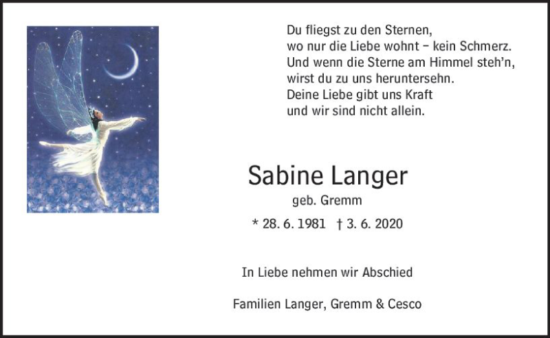  Traueranzeige für Sabine Langer vom 13.06.2020 aus vrm-trauer