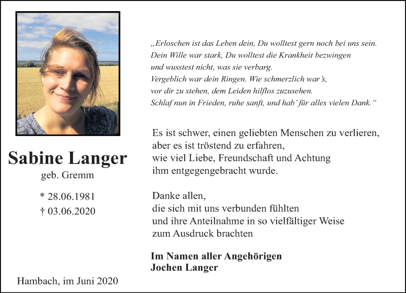  Traueranzeige für Sabine Langer vom 27.06.2020 aus vrm-trauer