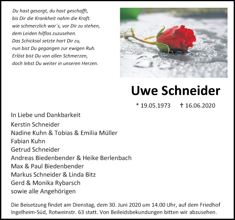  Traueranzeige für Uwe Schneider vom 27.06.2020 aus vrm-trauer