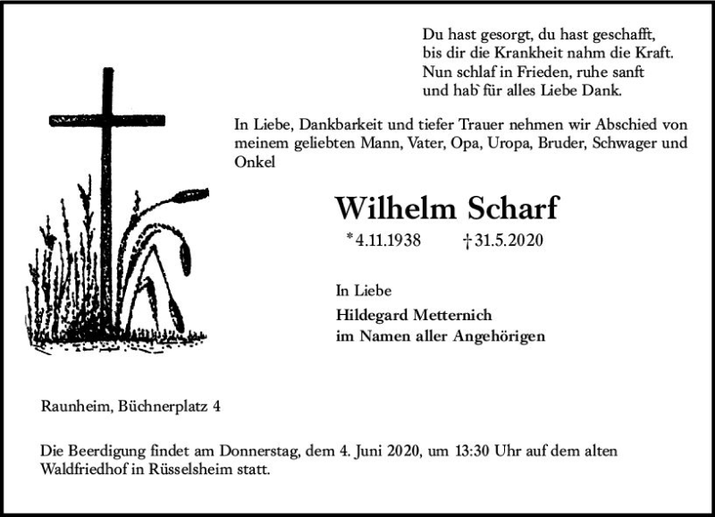  Traueranzeige für Wilhelm Scharf vom 03.06.2020 aus vrm-trauer