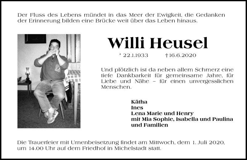  Traueranzeige für Willi Heusel vom 27.06.2020 aus vrm-trauer