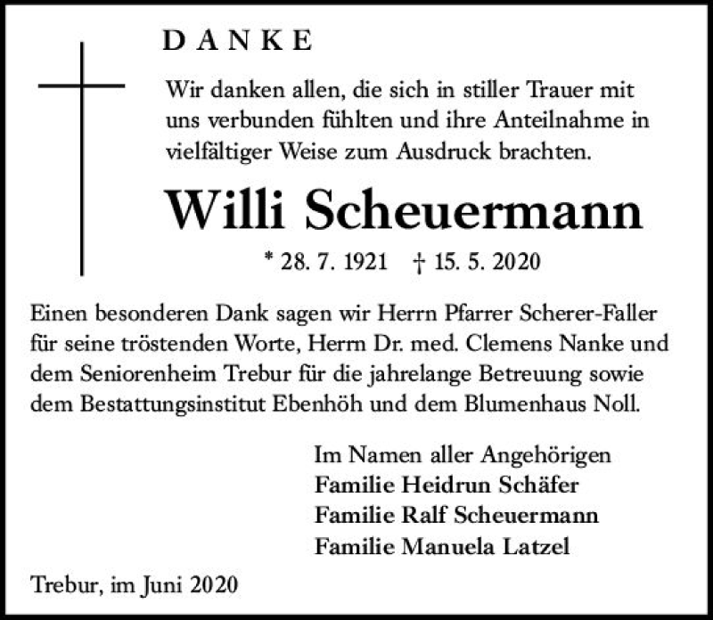  Traueranzeige für Willi Scheuermann vom 12.06.2020 aus vrm-trauer