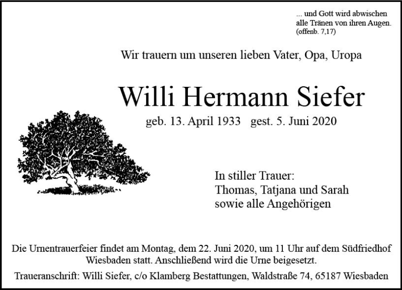  Traueranzeige für Willi Hermann Siefer vom 13.06.2020 aus vrm-trauer