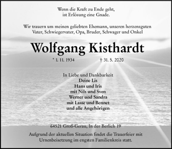 Traueranzeige von Wolfgang Kisthardt von vrm-trauer