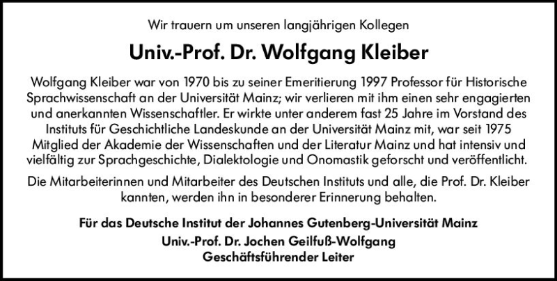  Traueranzeige für Wolfgang Kleiber vom 13.06.2020 aus vrm-trauer