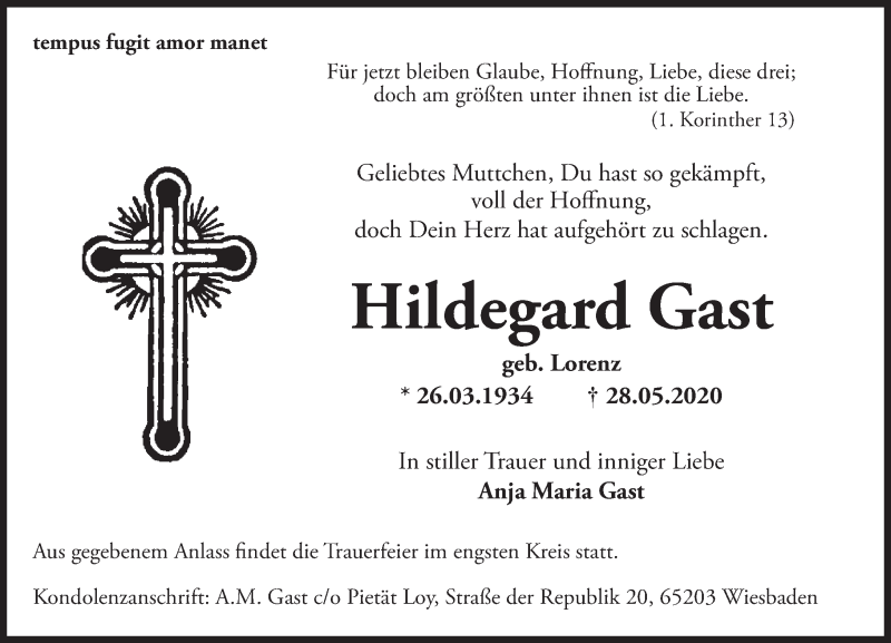  Traueranzeige für Hildegard Gast vom 06.06.2020 aus VRM Tageszeitungen