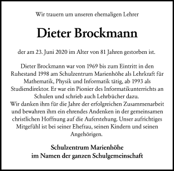 Traueranzeige von Dieter Brockmann 