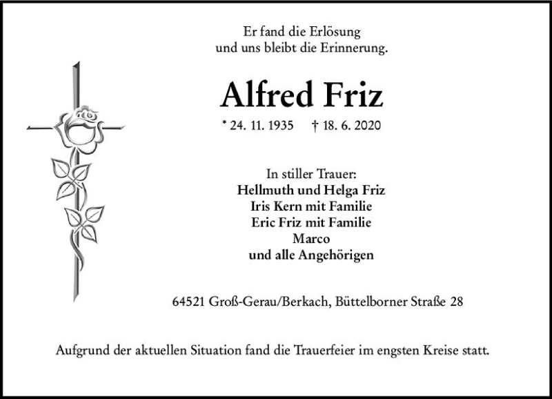  Traueranzeige für Alfred Friz vom 04.07.2020 aus vrm-trauer