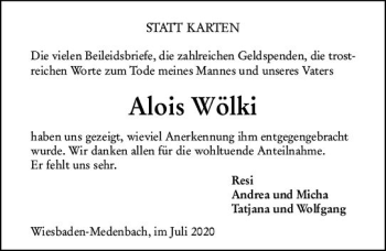 Traueranzeige von Alois Wölki von vrm-trauer