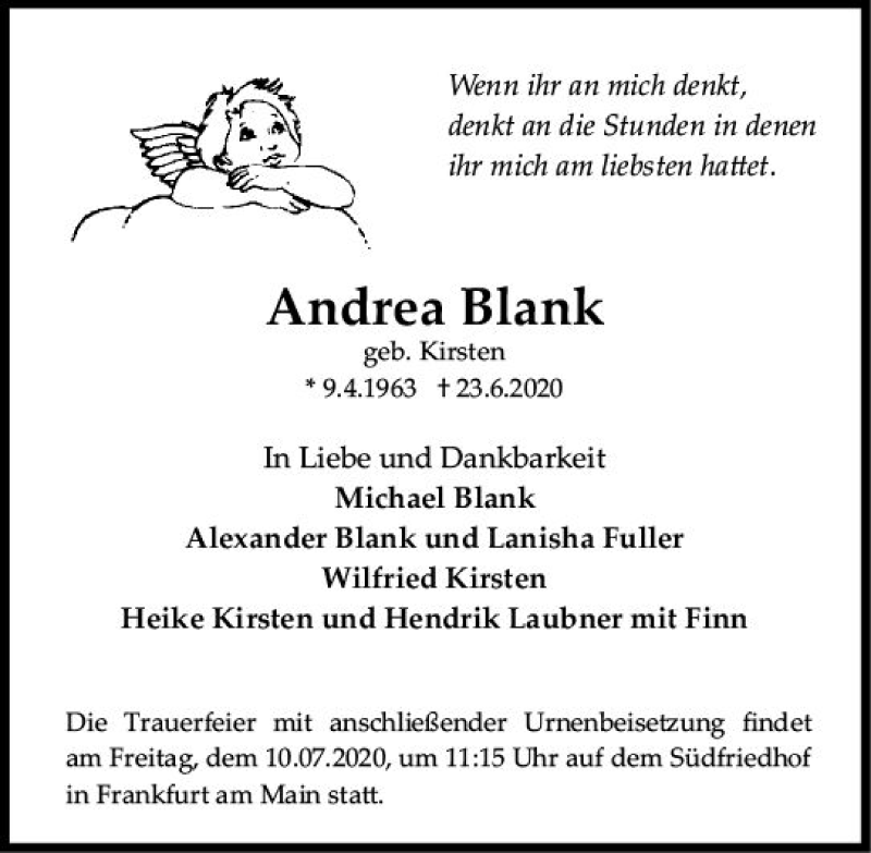 Traueranzeige für Andrea Blank vom 04.07.2020 aus vrm-trauer