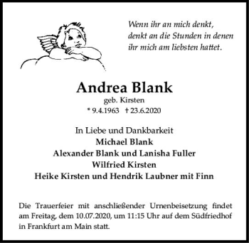 Traueranzeige von Andrea Blank von vrm-trauer