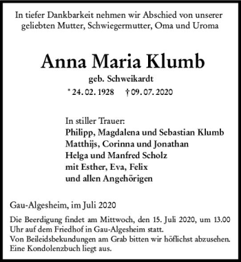 Traueranzeige von Anna Maria Klumb von vrm-trauer
