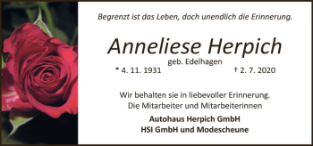 Traueranzeige von Anneliese Herpich von vrm-trauer