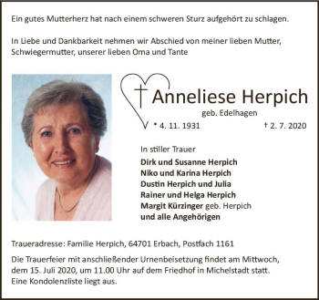 Traueranzeige von Anneliese Herpich von vrm-trauer