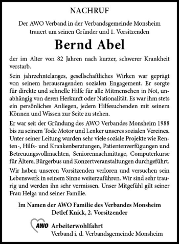 Traueranzeige von Bernd Abel von vrm-trauer