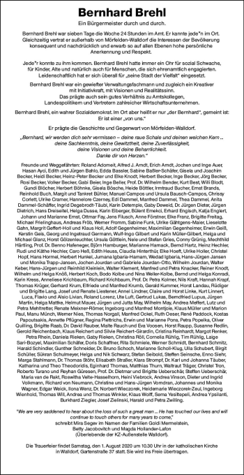 Traueranzeige von Bernhard Brehl von vrm-trauer