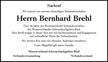 Traueranzeige von Bernhard Brehl von vrm-trauer
